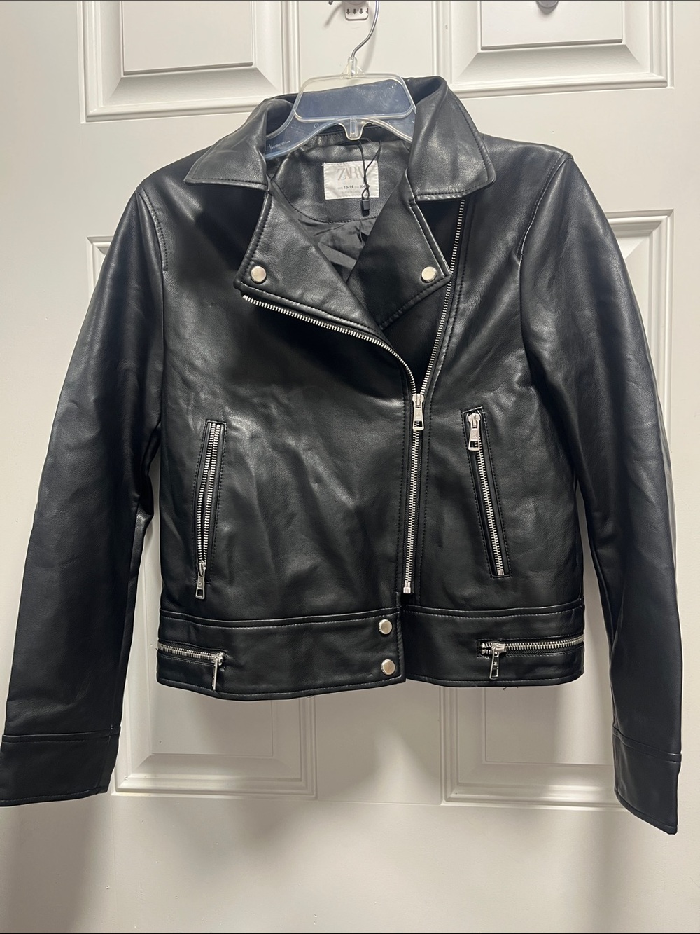 Zara Black Leather Asymmetric Moto Jacket Size 13-14